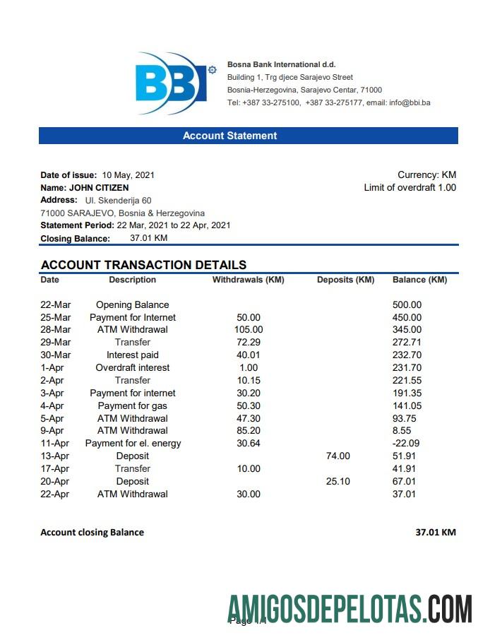 Bósnia e Herzegovina para impressão Bosna Bank Extrato bancário internacional Modelo fácil de preencher em formato Excel e PDF (AutoSum)